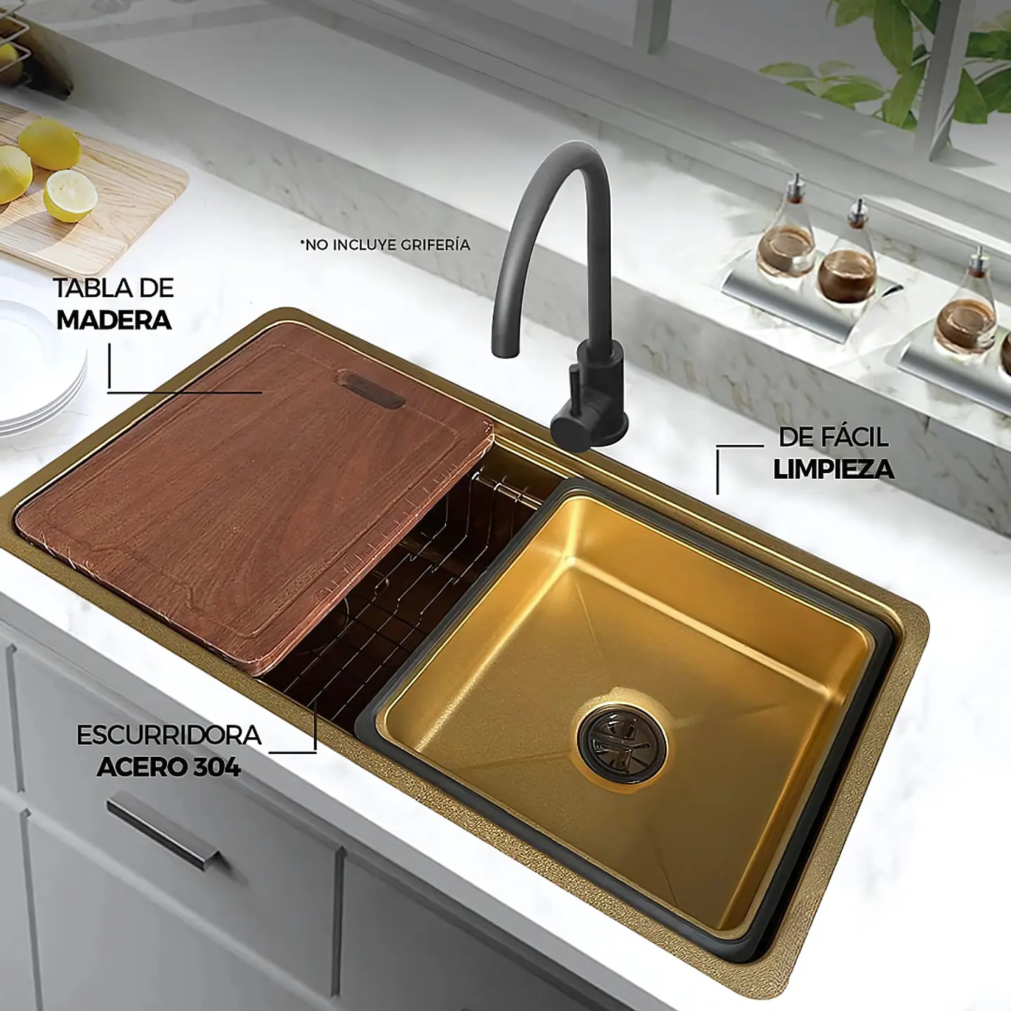 Lavadero de Cocina de Acero Inoxidable Dorado con Escurridora 3