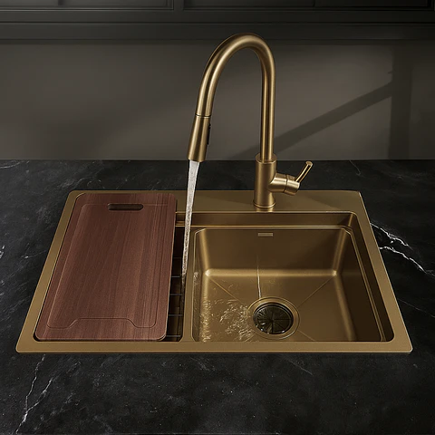 Lavadero de Cocina de Acero Inoxidable Dorado con Escurridora