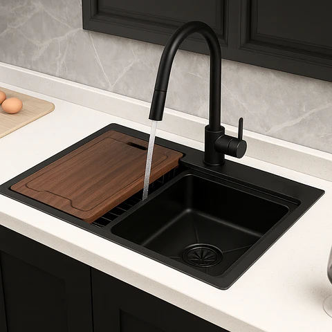  Lavadero de Cocina de Acero Inoxidable Negro con Escurridora 