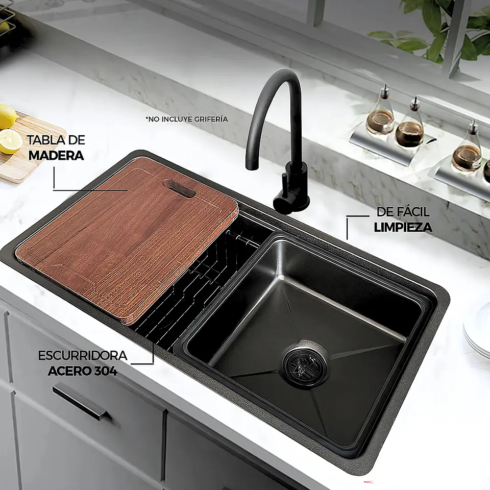  Lavadero de Cocina de Acero Inoxidable Negro con Escurridora  3