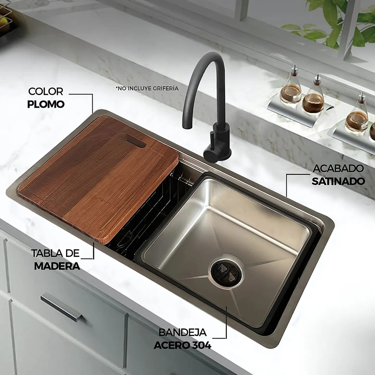 Lavadero de Cocina de Acero Inoxidable Plomo con Escurridora  3