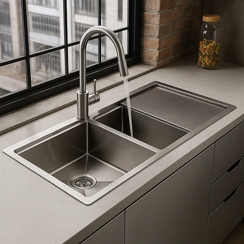 Lavadero de Cocina de Acero Inoxidable Plateado con Doble Poza y Escurridor