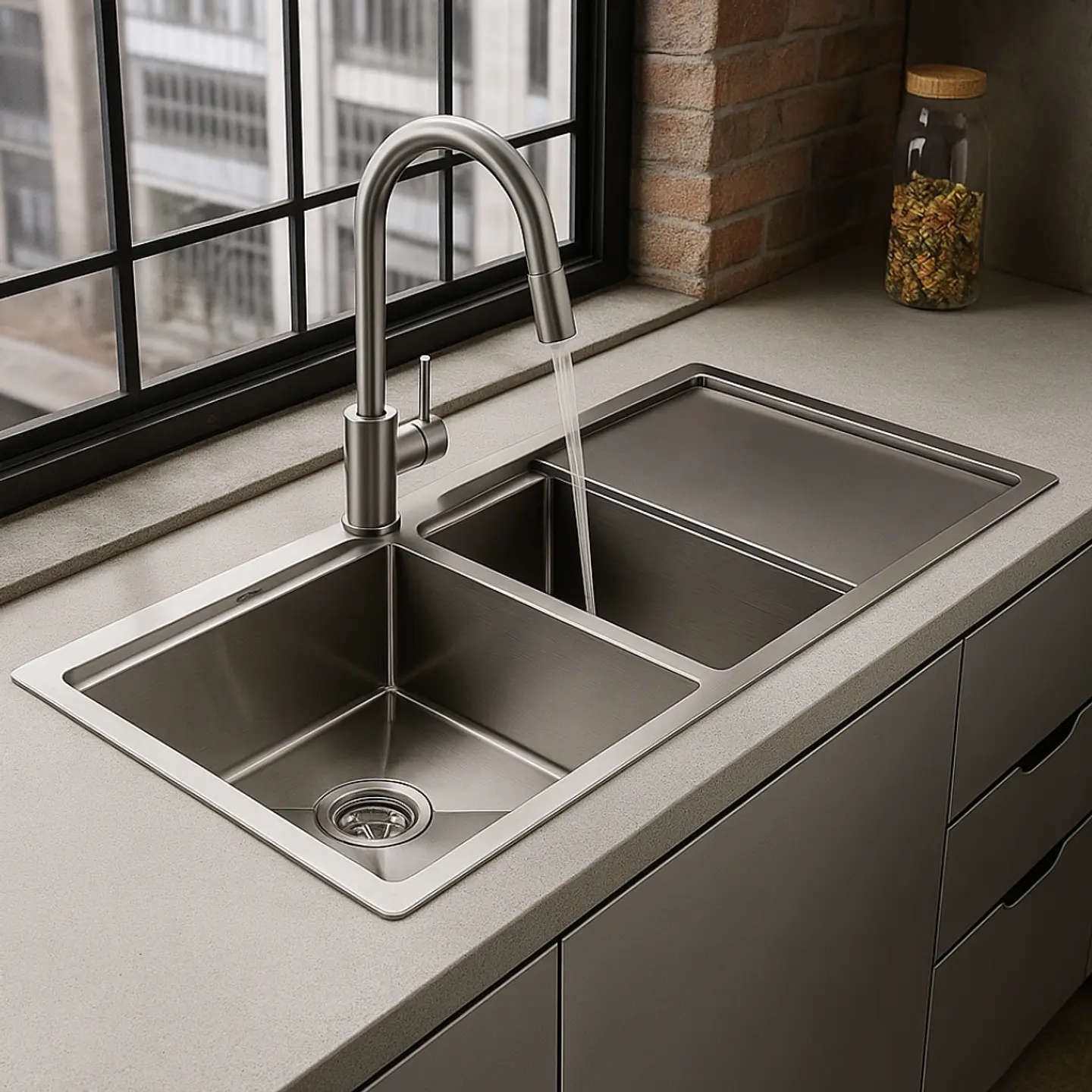 Lavadero de Cocina de Acero Inoxidable Plateado con Doble Poza y Escurridor 2