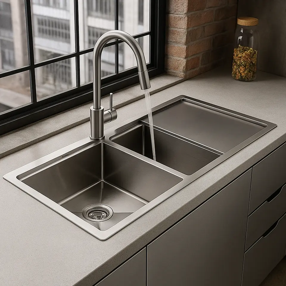 Lavadero de Cocina de Acero Inoxidable Plateado con Doble Poza y Escurridor 2