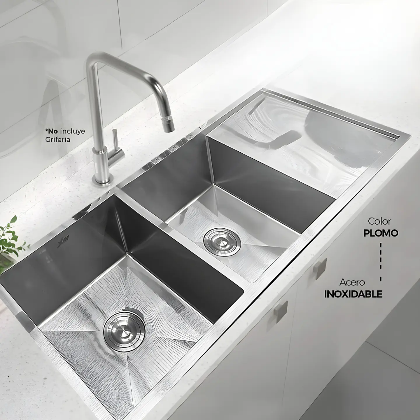 Lavadero de Cocina de Acero Inoxidable Plateado con Doble Poza y Escurridor 3