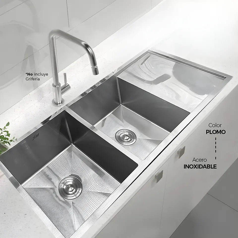 Lavadero de Cocina de Acero Inoxidable Plateado con Doble Poza y Escurridor 3