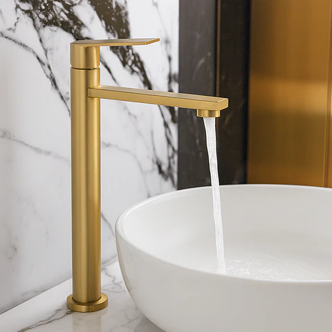 Llave Alta de Agua Fría para Baño de Acero Inoxidable Dorado Satinado