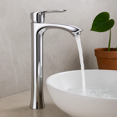 Llave Alta de Agua Fría para Baño de Bronce Cromado Estilizado