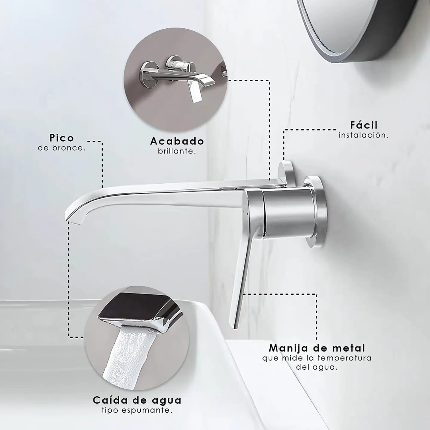 Mezcladora Monocomando de Pared para Lavabo en Bronce Brillante 3