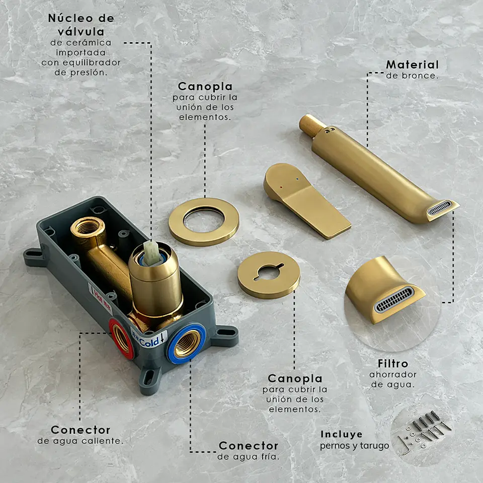 Mezcladora Monocomando de Pared para Lavabo en Dorado 4