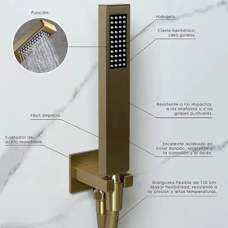  Mezcladora para Ducha en Acero Inoxidable con Cabezal y Ducha Teléfono Dorado 3