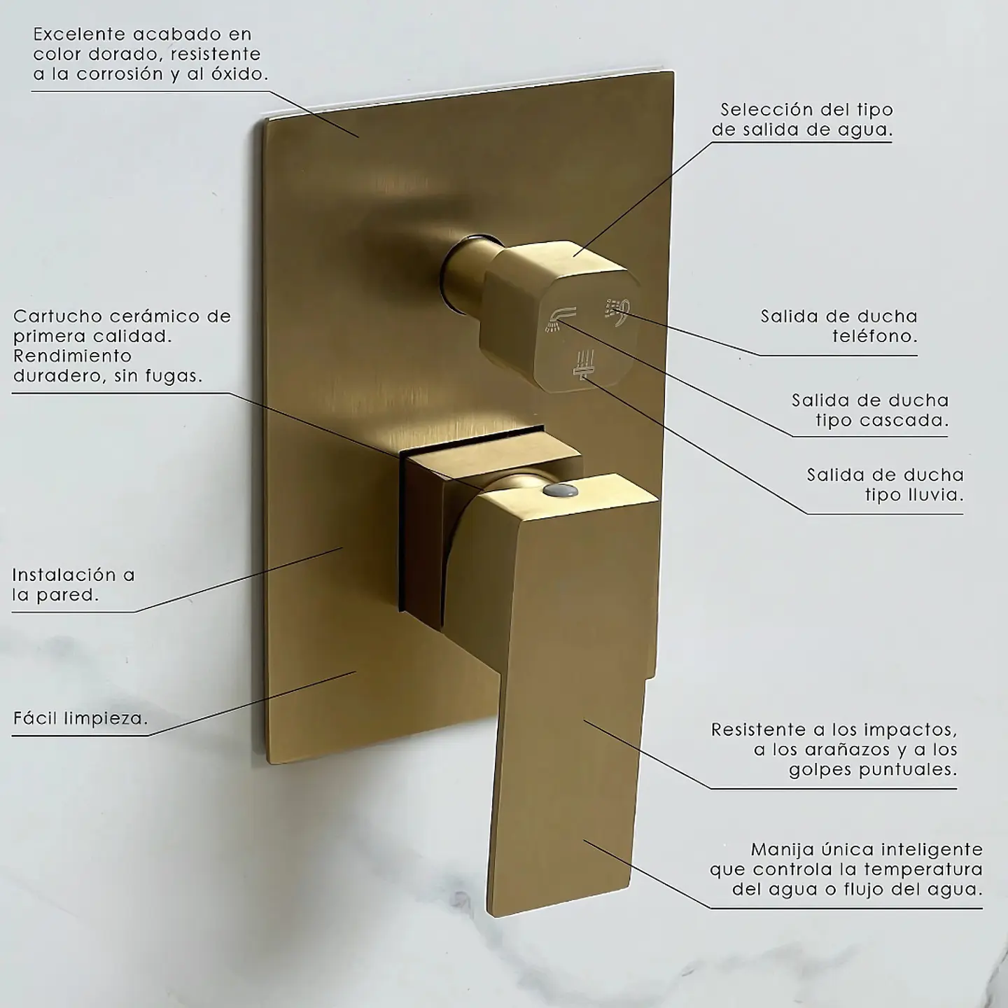  Mezcladora para Ducha en Acero Inoxidable con Cabezal y Ducha Teléfono Dorado 4