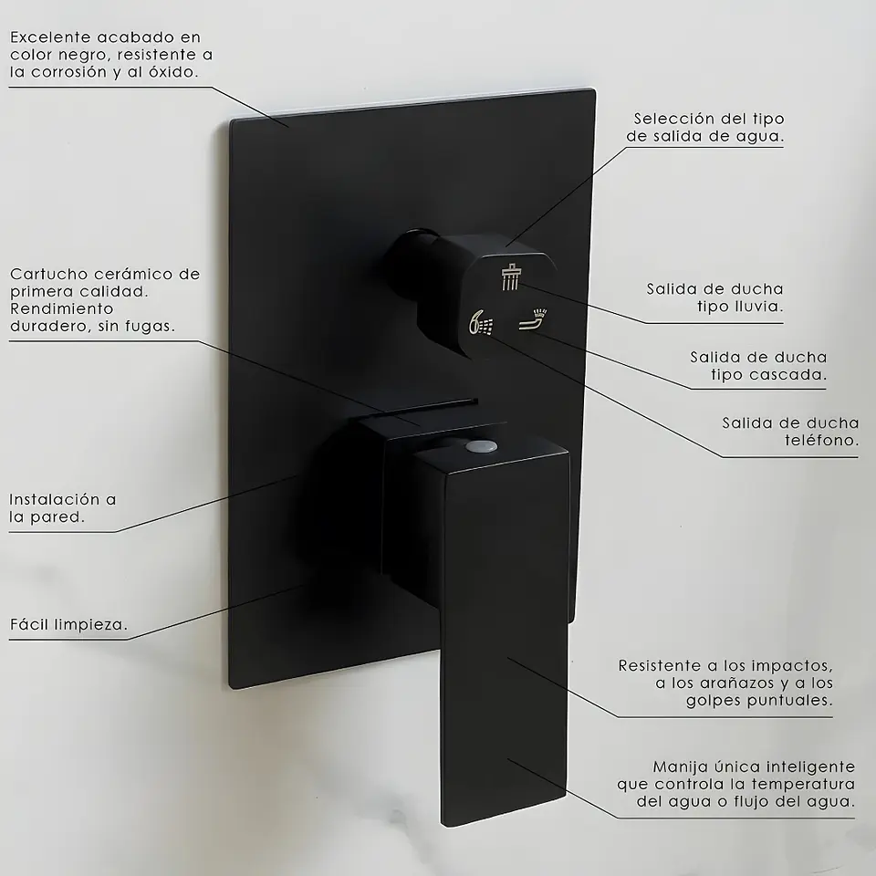 Mezcladora para Ducha en Acero Inoxidable con Cabezal y Ducha Teléfono Negro 3