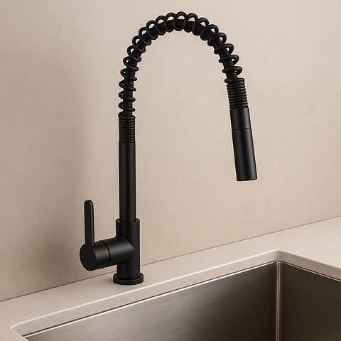 Llave Ganso para Cocina con Resorte de Acero Inoxidable Negro