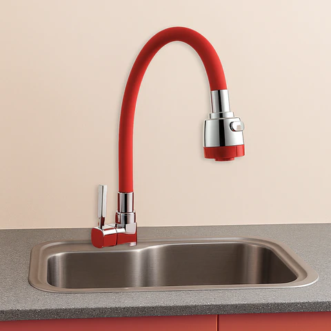 Llave Ganso para Cocina de Acero Cromado Rojo Flexible