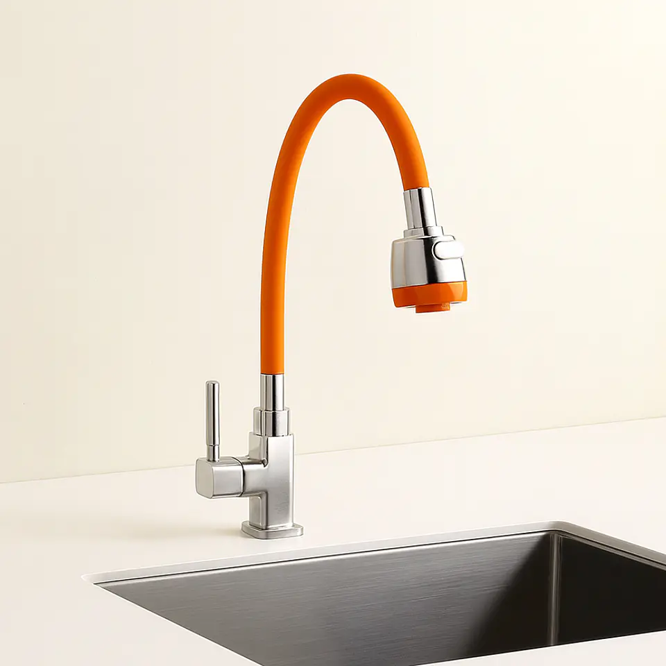 Llave Ganso para Cocina de Bronce Cromado Naranja Flexible Moderno 2