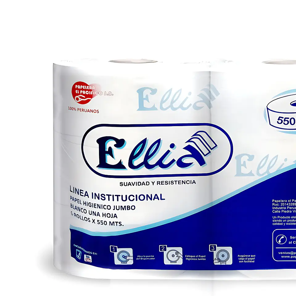 Papel Higiénico Jumbo Ellia 550 mt 100% Celulosa Bolsa por 6 Rollos  3