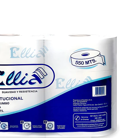 Papel Higiénico Jumbo Ellia 550 mt 100% Celulosa Bolsa por 6 Rollos 