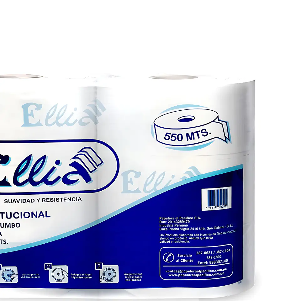 Papel Higiénico Jumbo Ellia 550 mt 100% Celulosa Bolsa por 6 Rollos  2