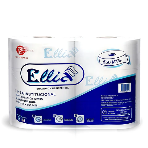 Papel Higiénico Jumbo Ellia 550 mt 100% Celulosa Bolsa por 6 Rollos 
