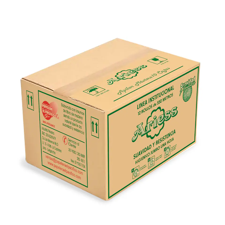 Papel Higiénico Jumbo Ariess 550 mt 100% Celulosa Caja por 12 Rollos  1