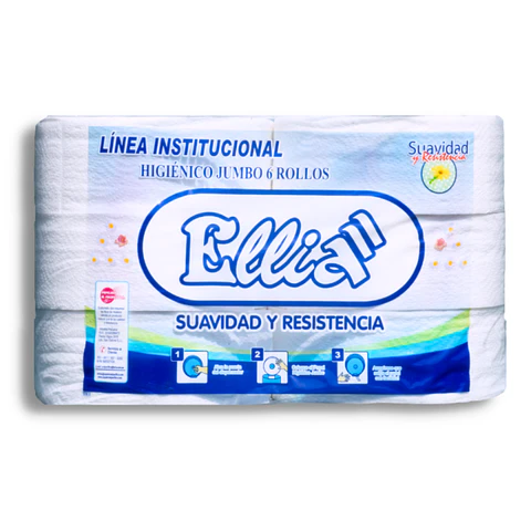 Papel Higiénico Jumbo Ellia 300 mt 100% Celulosa Bolsa por 6 Rollos 