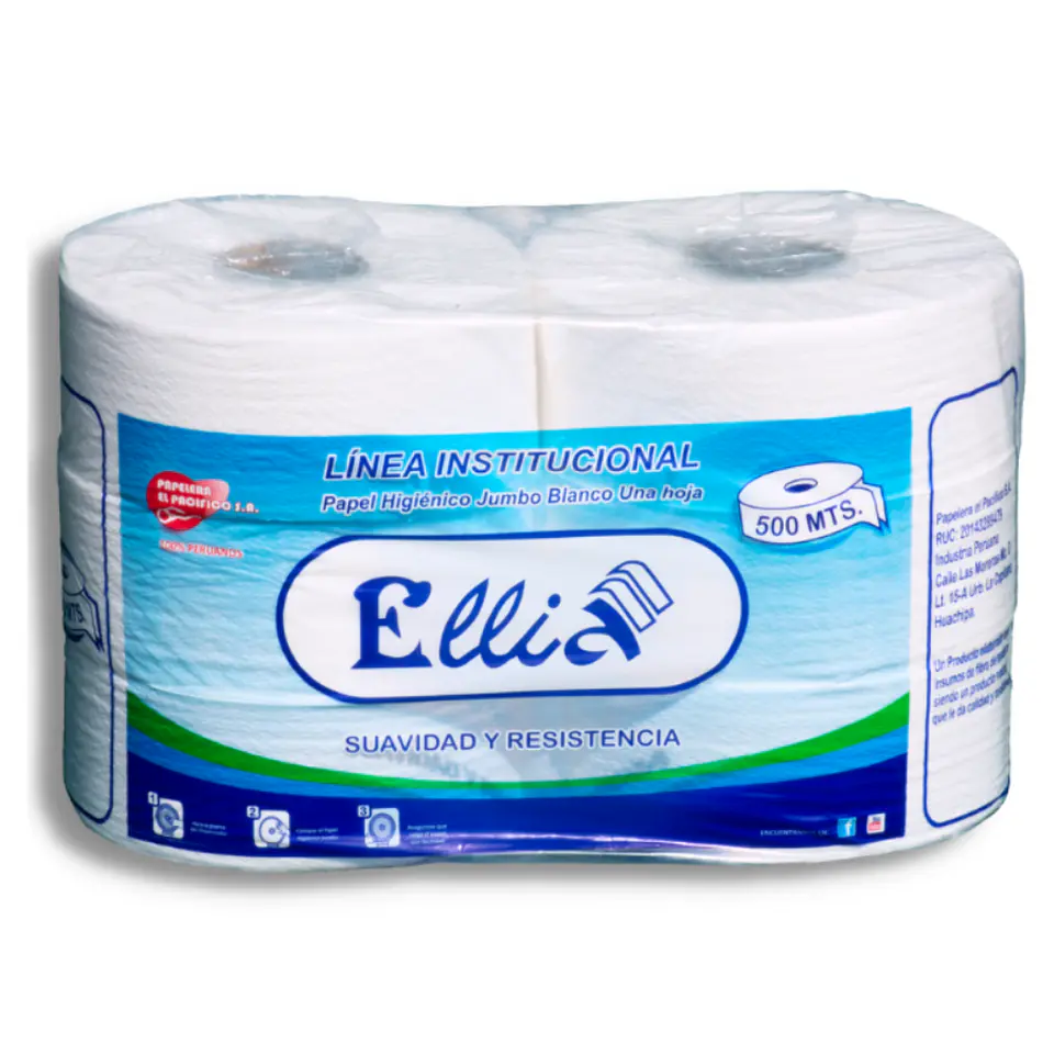 Papel Higiénico Jumbo Ellia 500 mt 100% Celulosa Bolsa por 6 Rollos  1