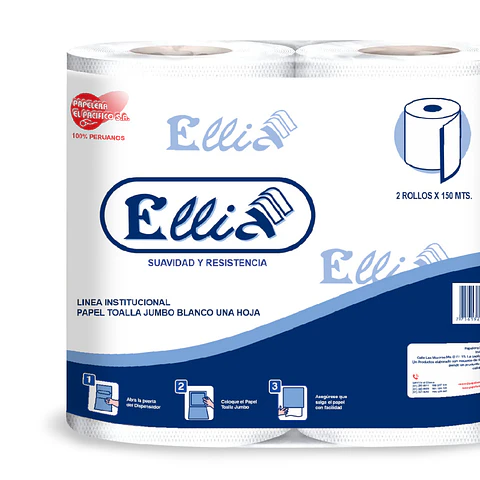 Papel Toalla Jumbo Ellia 150 mt 100% Celulosa Bolsa por 2 Rollos