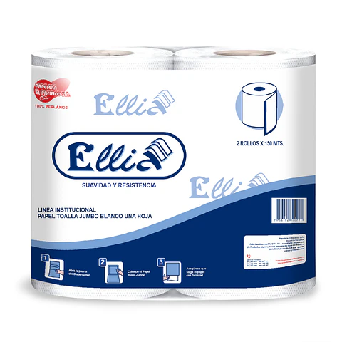 Papel Toalla Jumbo Ellia 150 mt 100% Celulosa Bolsa por 2 Rollos