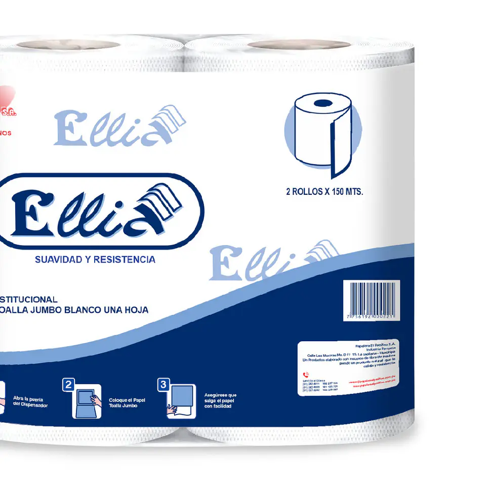 Papel Toalla Jumbo Ellia 150 mt 100% Celulosa Bolsa por 2 Rollos 3