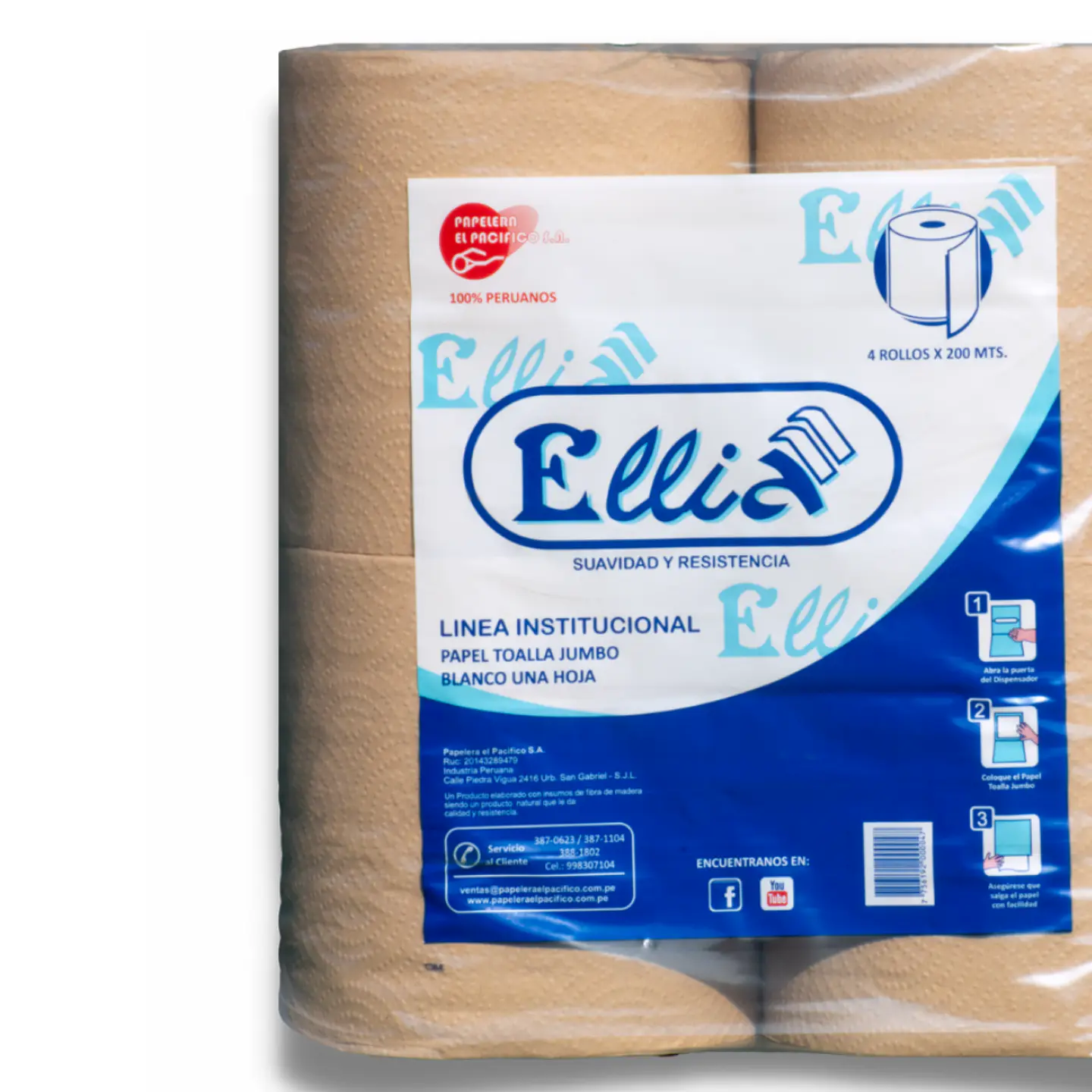 Papel Toalla Jumbo Ellia 200 mt 100% Celulosa Beige Bolsa por 4 Rollos  2