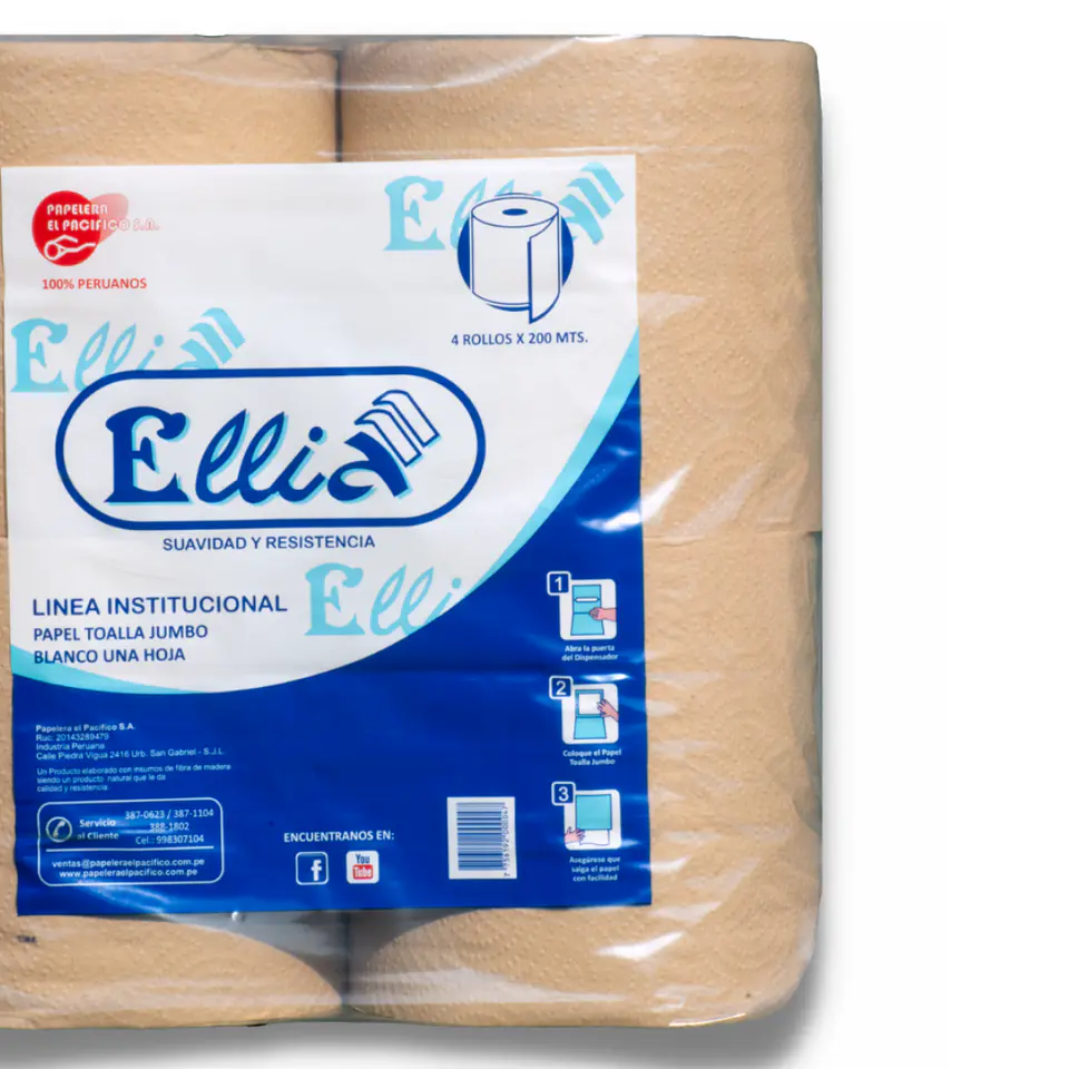 Papel Toalla Jumbo Ellia 200 mt 100% Celulosa Beige Bolsa por 4 Rollos  3
