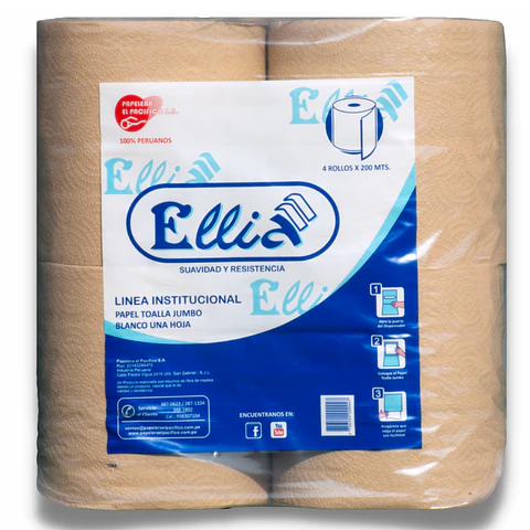 Papel Toalla Jumbo Ellia 200 mt 100% Celulosa Beige Bolsa por 4 Rollos 