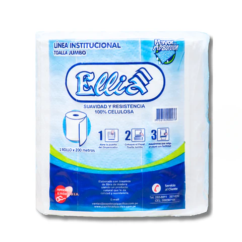 Papel Toalla Jumbo Ellia 200 mt 100% Celulosa Bolsa por 1 Rollo