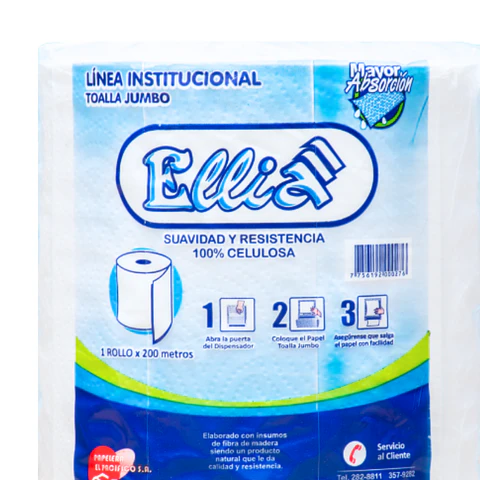 Papel Toalla Jumbo Ellia 200 mt 100% Celulosa Bolsa por 1 Rollo