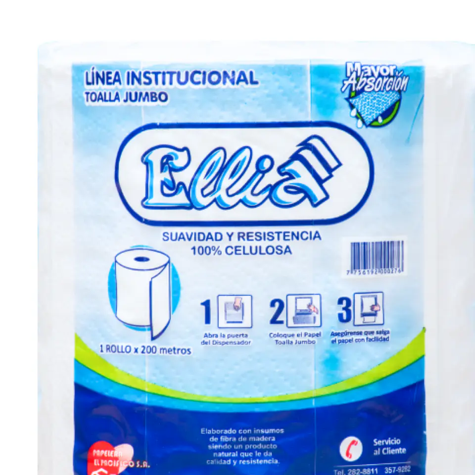 Papel Toalla Jumbo Ellia 200 mt 100% Celulosa Bolsa por 1 Rollo 2
