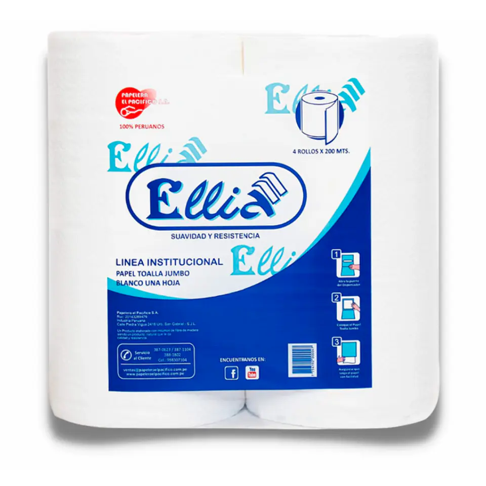 Papel Toalla Jumbo Ellia 200 mt 100% Celulosa Bolsa por 4 Rollos  1