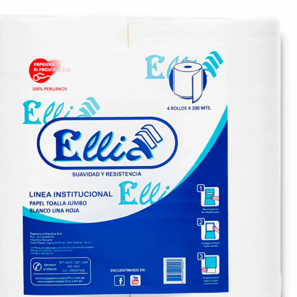 Papel Toalla Jumbo Ellia 200 mt 100% Celulosa Bolsa por 4 Rollos  2