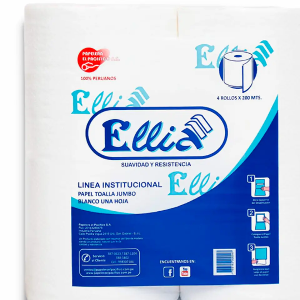 Papel Toalla Jumbo Ellia 200 mt 100% Celulosa Bolsa por 4 Rollos  3