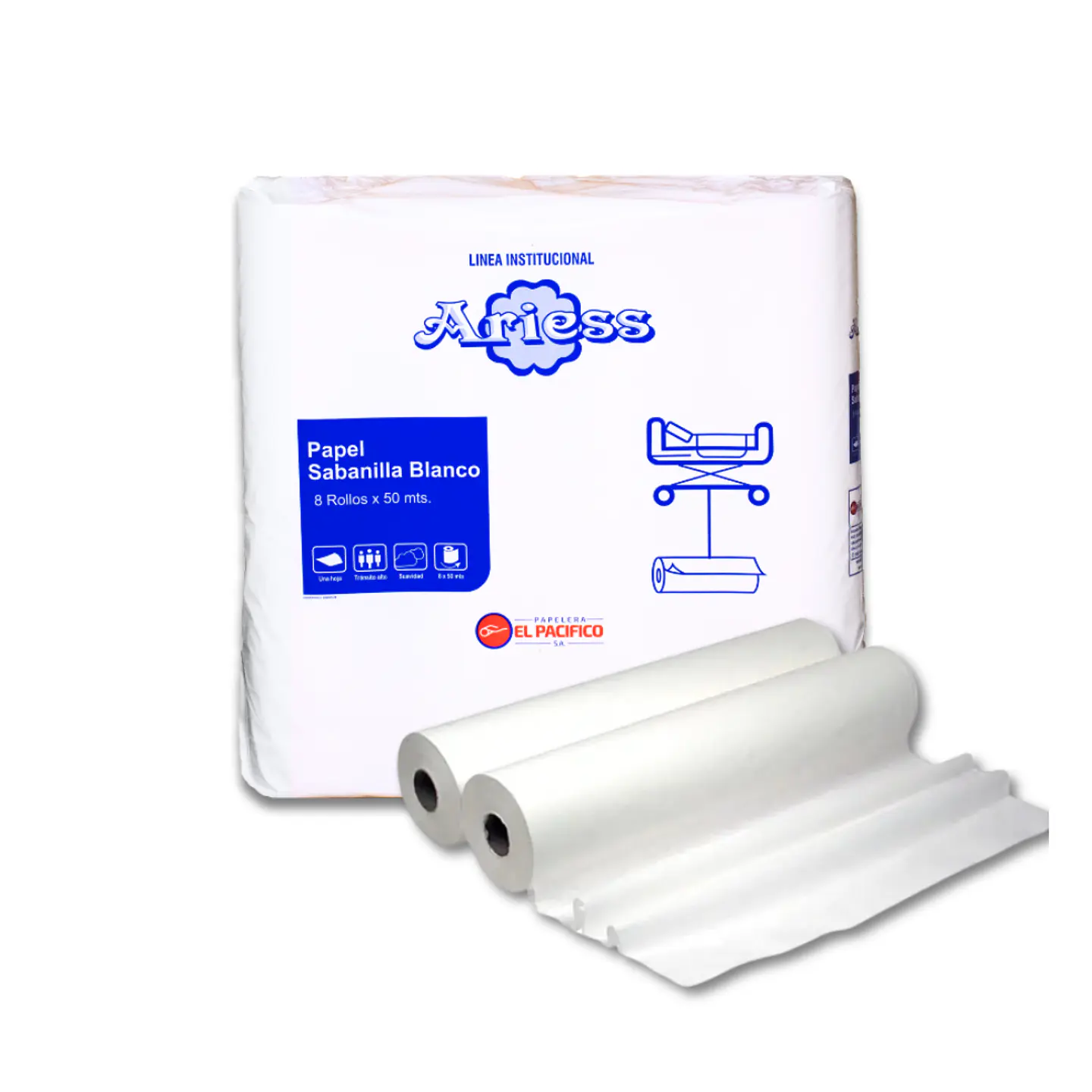 Papel Sabanilla con Precorte Ariess 50 mt 100% Celulosa Bolsa por 8 Rollos 1