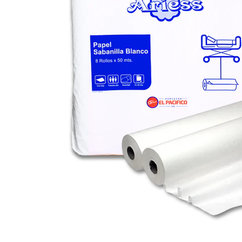 Papel Sabanilla con Precorte Ariess 50 mt 100% Celulosa Bolsa por 8 Rollos