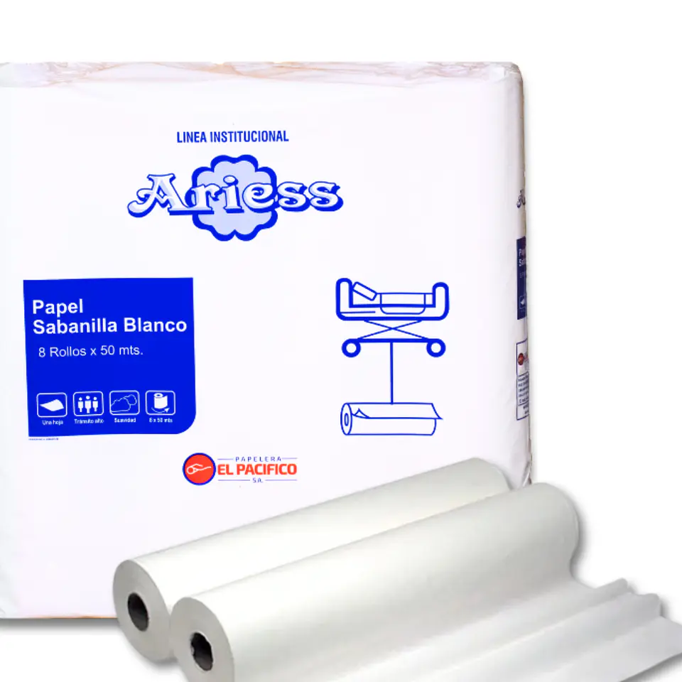 Papel Sabanilla con Precorte Ariess 50 mt 100% Celulosa Bolsa por 8 Rollos 3