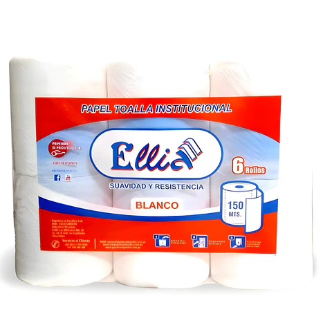 Papel Toalla Institucional Ellia Blanco 150 m x 6 Rollos