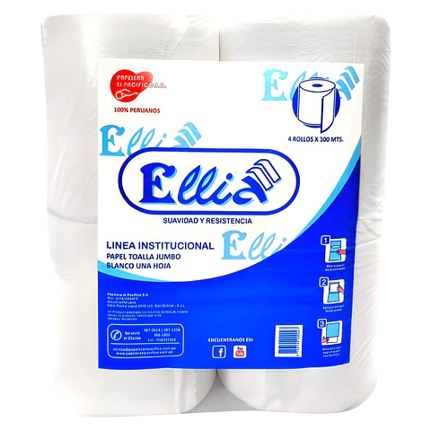 Papel Toalla Institucional Ellia Jumbo Blanco 4 Rollos x 300 m