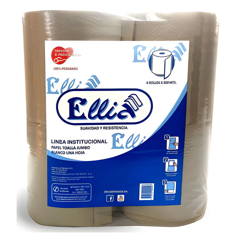 Papel Toalla Institucional Ellia Jumbo Ecológico 4 Rollos x 300 m