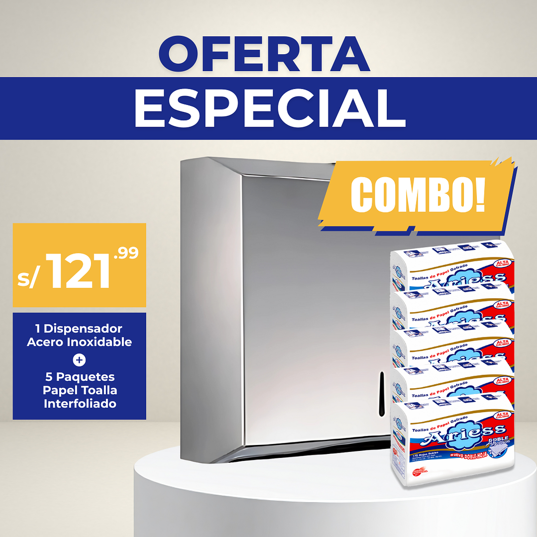 Combo Dispensador Acero + 5 Toalla Interfoliada Ariess 1