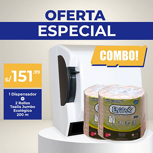 Combo Dispensador con Palanca + 2 Rollos Toalla Jumbo Ecológico Ellia 200 m