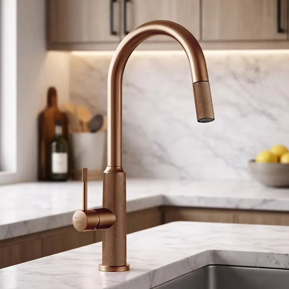 Mezcladora Dorado Rosa para Cocina Monocomando Cuello Ganso 2