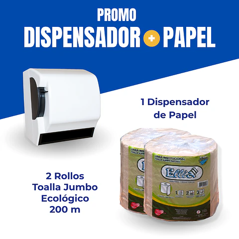 Combo Dispensador con Palanca + 2 Rollos Toalla Jumbo Ecológico Ellia 200 m