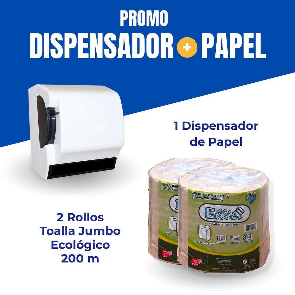Combo Dispensador con Palanca + 2 Rollos Toalla Jumbo Ecológico Ellia 200 m 1